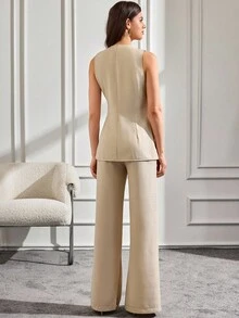 SHEIN Tall 亚麻两件套西装套装，黄色花朵纽扣细节，高级夏季系列，无袖V领背心搭配阔腿裤，现代职业套装，女性商务装，现代简约设计，专业休闲套装 - 米色 - 查看 2