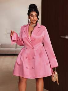 Maweii 大码女式纯色翻领长袖双排扣优雅连衣裙 - 珊瑚粉 - 查看 5