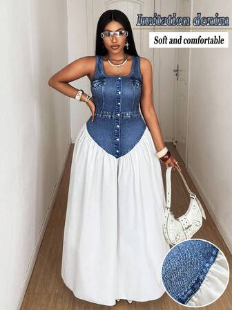 Maweii Plus Size Women's Elegant Faux Denim Print Colorblock U-Neck Maxi Dress, Versatile Design For Wedding Guest, Party, Night Out