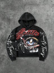 ROMWE MEN Street Life Men's Hooded Sweatshirt, Casual Street Style, Popular American Eye Graphic Print Short Hoodie, Autumn/Winter