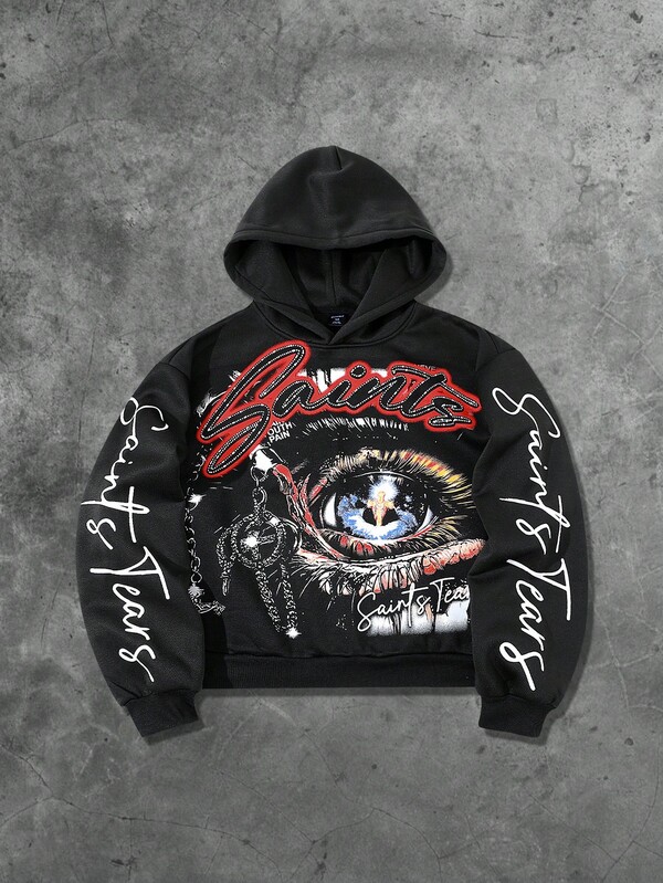 ROMWE MEN Street Life Men's Hooded Sweatshirt, Casual Street Style, Popular American Eye Graphic Print Short Hoodie, Autumn/Winter, Long Sleeve Top