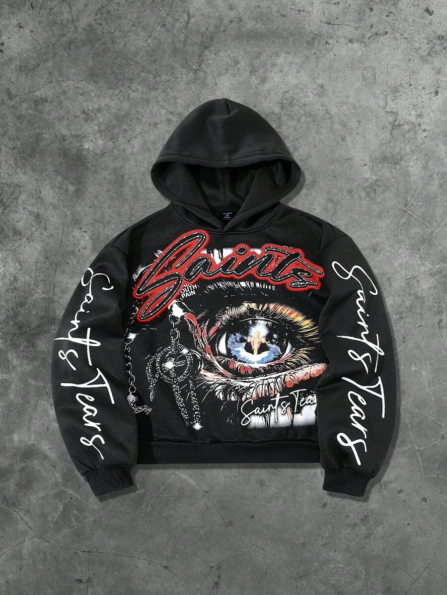 ROMWE MEN Street Life Spring Casual Graphic Men'S Hooded Sweatshirt, Casual Street Style, Popular American Eye Graphic Print Short Hoodie, Autumn/Winter, Long Sleeve Top - Black - View 1