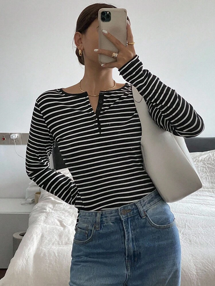 Long Sleeve Striped Printed Single Breasted Casual T-Shirt,Fall Clothes Preppy Tops