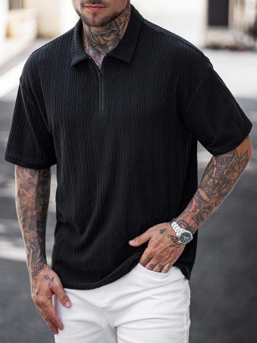 Manfinity Homme Textured Knit Polo Short Sleeve Men's Loose Fit Half Sleeve Collared Minimalist T-Shirt Textured Polo Shirt - Black - View 1