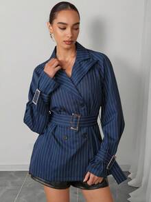 Modelyn 女式蓝色正装西装外套，带金属装饰，条纹，系腰带，双排扣，适合秋冬装 - 藍色 - 查看 7