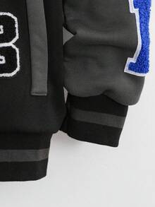 SHEIN Boys' Fleece Hooded Jacket With Letter Print, Campus Jacket, Sports Jacket, Autumn/Winter Fall Boys Jackets Fall Winter Boys Hooded Jacket Letterman Jacket Kids Boys Letter Jacket Jacket For Kids Boy - Black - View 4