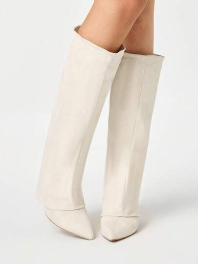 Fairycore Women's Suede Pointed Toe Thigh High Boots, Sexy Fashion Solid Color High Heel Over-The-Knee Boots For Women, Suitable For Party, Commute, Date, Autumn/Winter