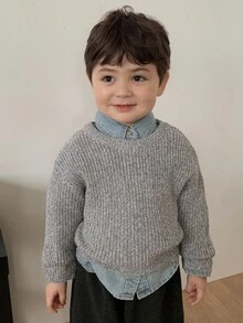 DAZY 幼儿男童圆领纯色休闲韩版长袖毛衣 - 灰色 - 查看 3