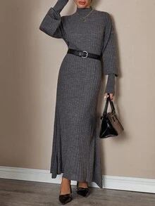 CLARA VERO Women's Elegant Rib Knit Ribbed High Neck Flare Hem Balloon Sleeve Knit Sweater Dress Comfy And Chic Winter - Grey - View 4