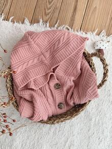 SHEIN Chaqueta de punto con capucha de unicolor informal para niña en otoño/invierno - Rosa - Ver 2