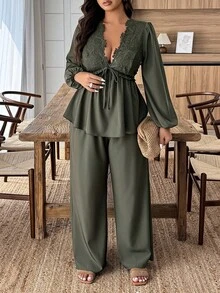 EMERY ROSE Plus Size Women's Contrast Lace Tie Waist Lantern Sleeve Shirt And Wide Leg Pants Casual 2 Pieces Set Fall Cloth For Women - Green - View 3