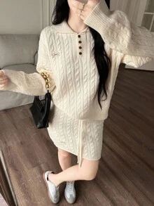 SHEIN LUNE 2件套麻花针织长袖毛衣和迷你裙套装，秋冬 - 杏色 - 查看 1