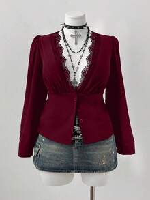 Flirla Plus Size V-Neck Ruffle Trim Casual Short Sleeve Blouse For Women Fall - Burgundy - View 4