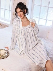 FloralLove CottageSlumber 2-teiliges romantisches Schlafanzug-Set mit Ditsy-Blumen-Spitzenbesatz und Rüschensaum, Herbst-Winter-Kleidung - Verschiedenfarbig - Übersicht 6