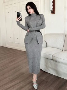 DAZY 2件套女士纯色无袖连衣裙和毛衣套装，秋季 - 灰色 - 查看 8