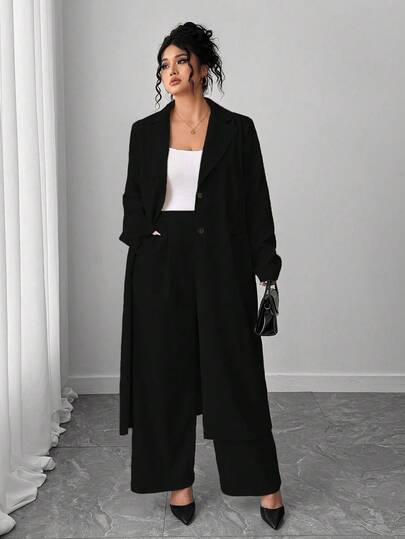 Elenzga 大码女式优雅翻领长款西装外套 + 裤子套装，杏色