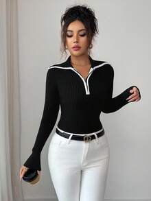 Elenzga Women's Elegant Fitted Zip-Up Contrast Color Collar Long Sleeve Sweater, Autumn/Winter - Black and White - View 4