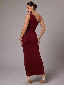 Silquee Women's Solid Color Asymmetric Neckline Hollow Out Elegant Sleeveless Dress,Red Dresses For Women,Christmas Dresses For Women - Burgundy - View 2