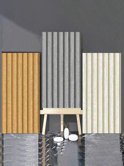 SHEIN 6 件 11.8 英寸 X 23.6 英寸 3D 木纹格栅板条墙板，可弯曲、可切割、防水、可剥离、可粘贴、自粘、可移除仿木纹墙面装饰，适用于室内家居、卧室、客厅（棕色和灰色）