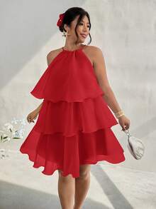 Firerie Váy bánh nhiều lớp thanh lịch cỡ lớn, nhẹ và thon gọn, thích hợp cho các buổi hẹn hò, tụ họp, tiệc tùng, không tay dành cho nữ, mùa xuân/hè - Đỏ - Xem 3