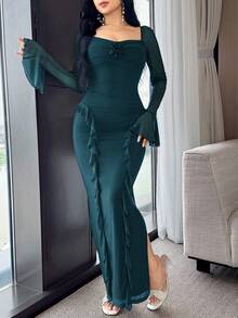 Feyla 女式纯色简约荷叶边下摆长袖连衣裙 - 墨綠色 - 查看 1