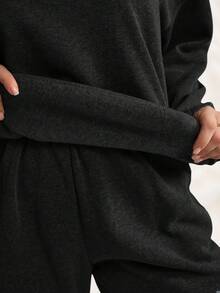 EMERY ROSE Plus Size Women Black Solid Color Round Neck Long Sleeve Sweatshirt And Sweatpants Casual 2 Pieces Set,Autumn Winter Curve Loungewear Fall Clothes - Black - View 6