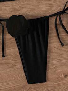 SHEIN X Lily May Mac 夏季海灘刺繡三角形綁帶比基尼套裝 - 黑色 - 查看 4