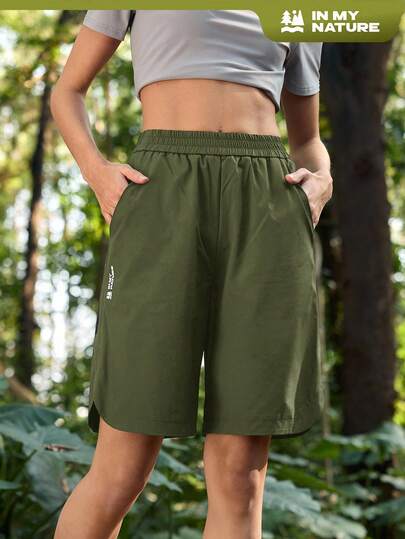 In My Nature Women's Casual Elastic Waist Side Pocket Outdoor Bermuda Shorts, Summer Women Athletic Shorts With Pockets Comfy Sports Shorts