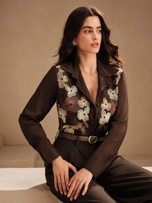 Anewsta 女士新款长袖米色刺绣衬衫，优雅上衣，适合秋季、秋季、外出、正式、派对、时尚、新年、圣诞节、工作、毕业、婚礼 - 棕色 - 查看 4