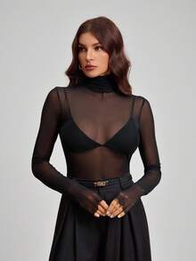 SHEIN Tall 斯德哥尔摩风格，秋季女装，2025年春季新款女装系列，高领毛领针织上衣，黑色秋冬款，新年女士上衣，网纱长袖黑色上衣 - 黑色 - 查看 3
