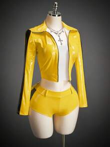 SHEIN ICON Women's Autumn And Winter Halloween COS Costume Sexy Avant-Garde Fashion Retro Yellow And Black Contrast Leather Stitching Slim-Fit Cropped Jacket Low Waist Shorts Suit - Yellow - View 7