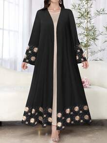 SHEIN Najma 女式白色仿刺绣花卉印花长袖休闲阿拉伯长袍，春秋季 - 彩色 - 查看 1