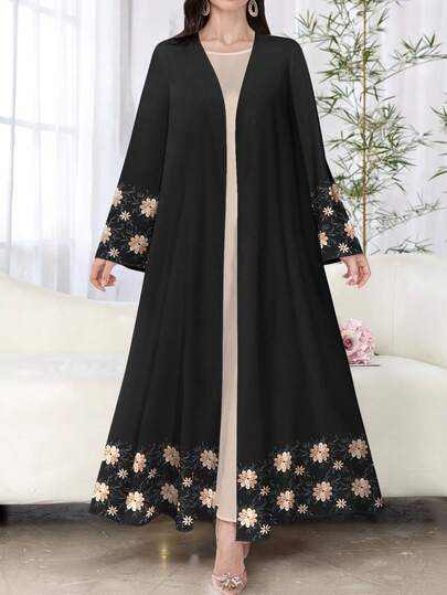 SHEIN Najma 女式白色仿刺绣花卉印花长袖休闲阿拉伯长袍，春秋季