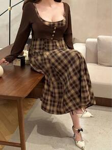 Vibekara Retro American Style Khaki Jacket & Plaid Dress 2 Pieces Set For Women Autumn Dress Plaid Dress Women Brown Two Piece Set Women Plaid Two Piece Set Coffee Brown Dress - Brown - View 5