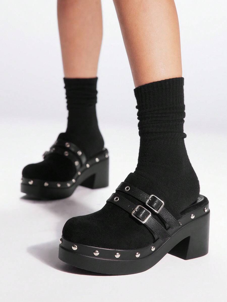 Sugerpunk Women's Retro Buckle Strap High Heel Sandals, Fashionable Casual Chunky Heel Mules - Black - View 1