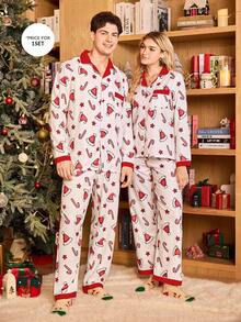 CoupledUp Men's Woven Christmas Themed Print Colorblock Long Sleeve Top & Trousers Pajama Set, Fall Winter Clothes