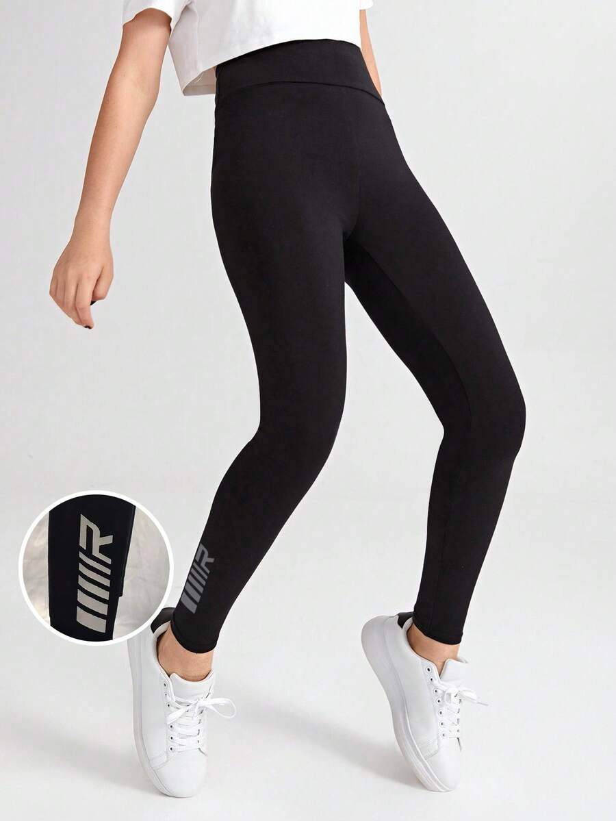 SHEIN Leggings básicos de cintura ajustada de punto para adolescentes - Negro - Ver 1