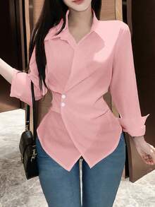 SHEIN LUNE 女士纯色长袖裹身衬衫，春秋女士衬衫 - 藕粉色 - 查看 6