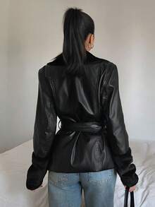 SHEIN EZwear Áo khoác PU chắp vá tay dài màu trơn có dây rút cho mùa thu/đông - màu đen - Xem 2