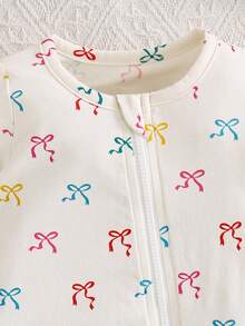 SHEIN 新生女婴樱桃图案圆领长袖前拉链针织连体衣带头带 2 件套 - 彩色 - 查看 3