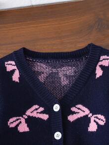 SHEIN Playful Pals 粉色蝴蝶结图案针织开衫，适合居家、外出、聚会、返校季、冬季、圣诞节、万圣节等场合，秋季保暖舒适。 - 藏蓝色 - 查看 5