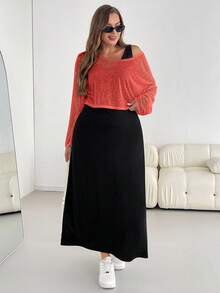 SHEIN Essnce Plus Size Women's Spring And Summer Fashion Casual Loose Comfortable Daily Breathable Light Sun Protection White Long-Sleeved Blouse And Black Vest Long Dress Two Pieces Set,Y2k Clothes,Street Wear,Matching Sets Women,Vacation Outfits Women,European Summer,Airport Outfits