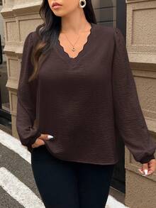 SHEIN Frenchy Áo sơ mi tay dài vải họa tiết kẻ sọc tương phản cỡ lớn, trang trí vỏ sò, thường ngày, rộng rãi, mùa thu - Cà phê nâu - Xem 4