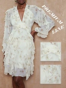 SHEIN Privé 法式V领不对称迷人设计连衣裙 - 白色 - 查看 9