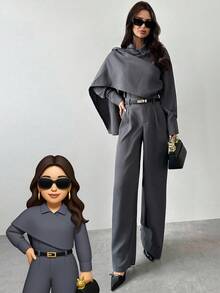 Firerie Women's Elegant Minimalist Urban Chic Charcoal Gray 2-Piece Set,Autumn Scarf Collar 2 In 1 Long Sleeve Shirt And High Waist Pants,Office Fall Outfits - Grey - View 2