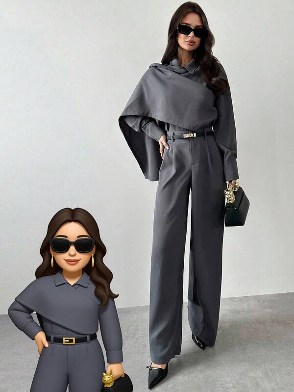 Firerie 女士优雅简约都市时尚新款通勤日常街头时尚围巾领二合一长袖衬衫和高腰裤灰色两件套，秋冬