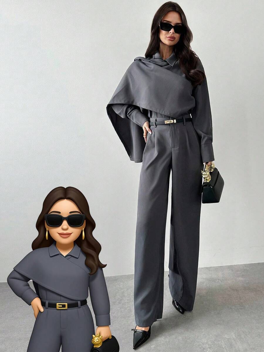 Firerie Women's Elegant Minimalist Urban Chic Charcoal Gray 2-Piece Set,Autumn Scarf Collar 2 In 1 Long Sleeve Shirt And High Waist Pants,Office Fall Outfits