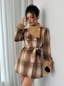 Elenzga Women's Elegant Romantic Commuter Khaki Plaid Asymmetrical Oblique Collar Double-Breasted Metal Button Decor Double Pocket 2 In 1 Splicing Lapel Cuff Bowknot Design Slim Fit Long Overcoat, Winter - Multicolor - View 7