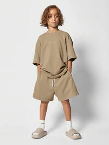 SUMWON Oversized Drop Shoulder Co Ord Set Wear Drawstring Shorts Minimalist Streetwear Relaxed Fit Comfort Youth Summer Outfit - Khaki - View 1
