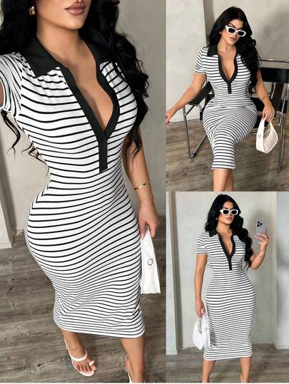 SHEIN SXY Vestido polo de manga corta a rayas blanco y negro de estilo minimalista y casual para ir al trabajo, vestido de punto de media longitud con ajuste ceñido y gran elasticidad, vestido elegante francés